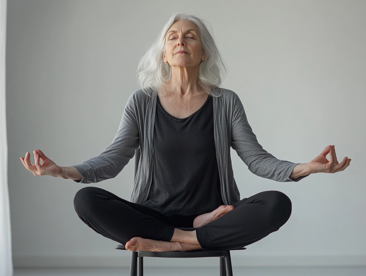 Жінка старшого віку виконує позу дерева