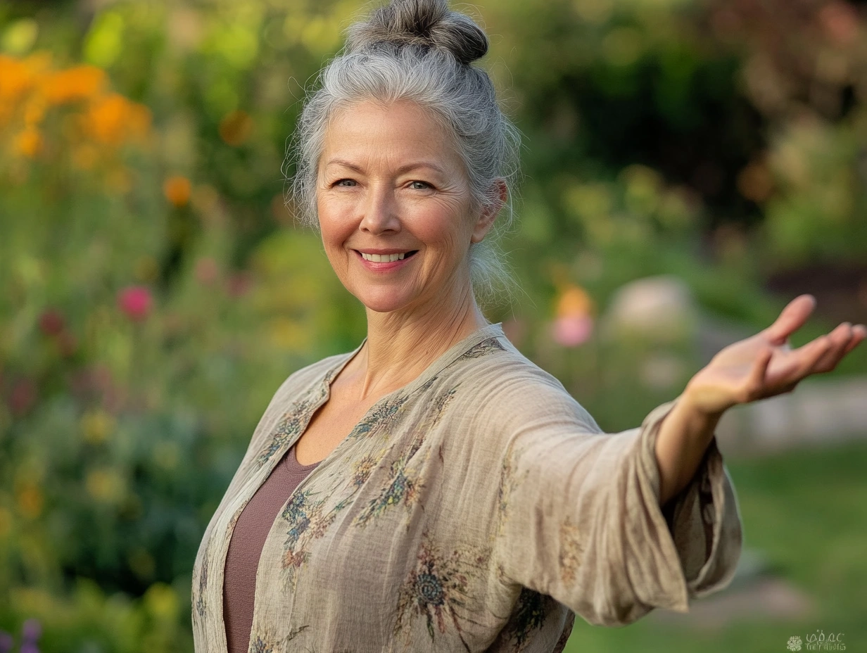 Жінка старшого віку виконує позу воїна